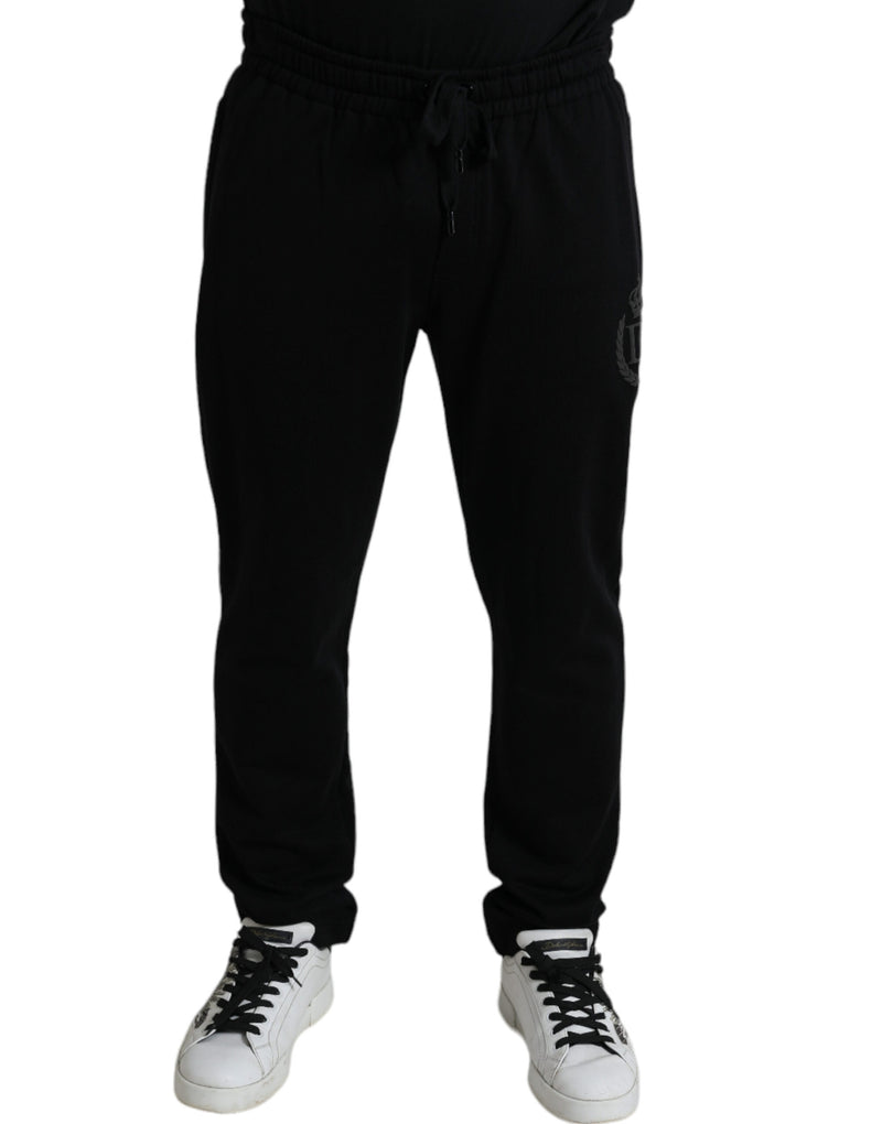 Eleganti jogger di cotone nero con ricamo a logo