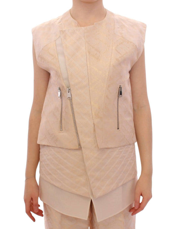 Gilet de veste sans manches en brocade beige exquise