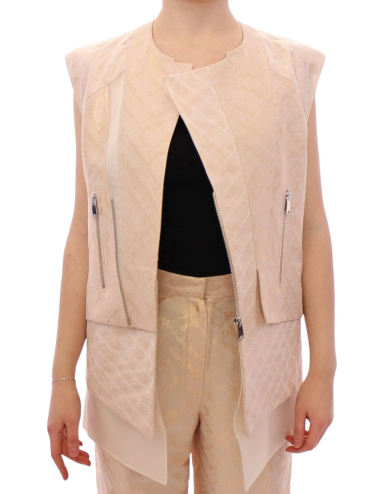 Exquisites beige Brocade ärmellose Jacke Weste