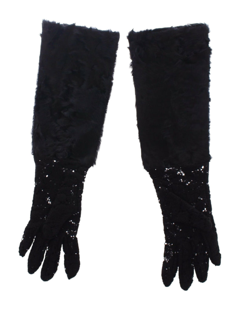 Gants de lace en laine noire et gants de coude en fourrure d'agneau