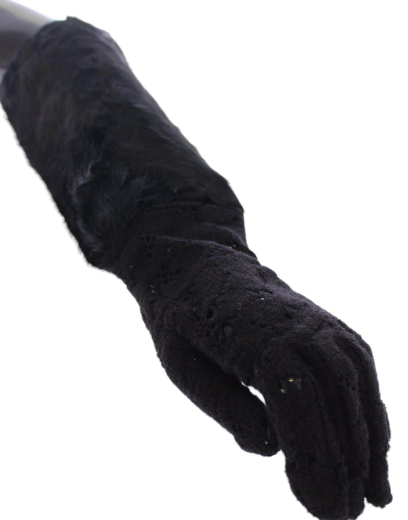 Gants de lace en laine noire et gants de coude en fourrure d'agneau