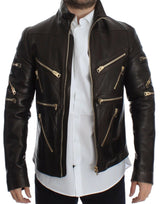 Elegant Brown Gold-Detailed Leather Jacket