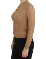 Beige gestrickte Baumwollpolo -Strickjacke -Pullover