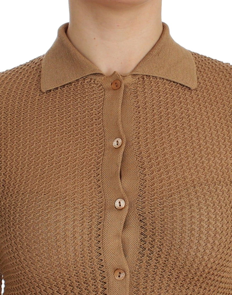 Beige gestrickte Baumwollpolo -Strickjacke -Pullover