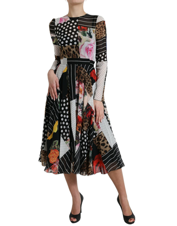 Eleganter Patchwork Seiden Midi A-Line-Kleid