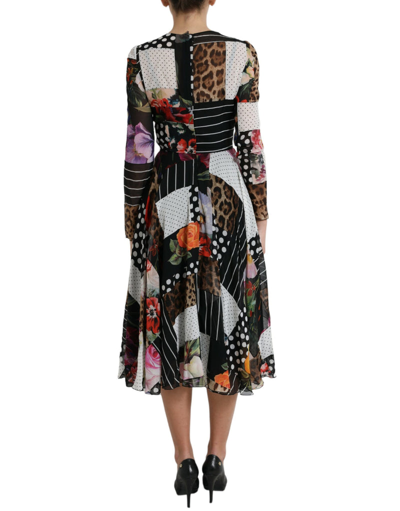 Κομψό Patchwork Silk Midi A-line φόρεμα