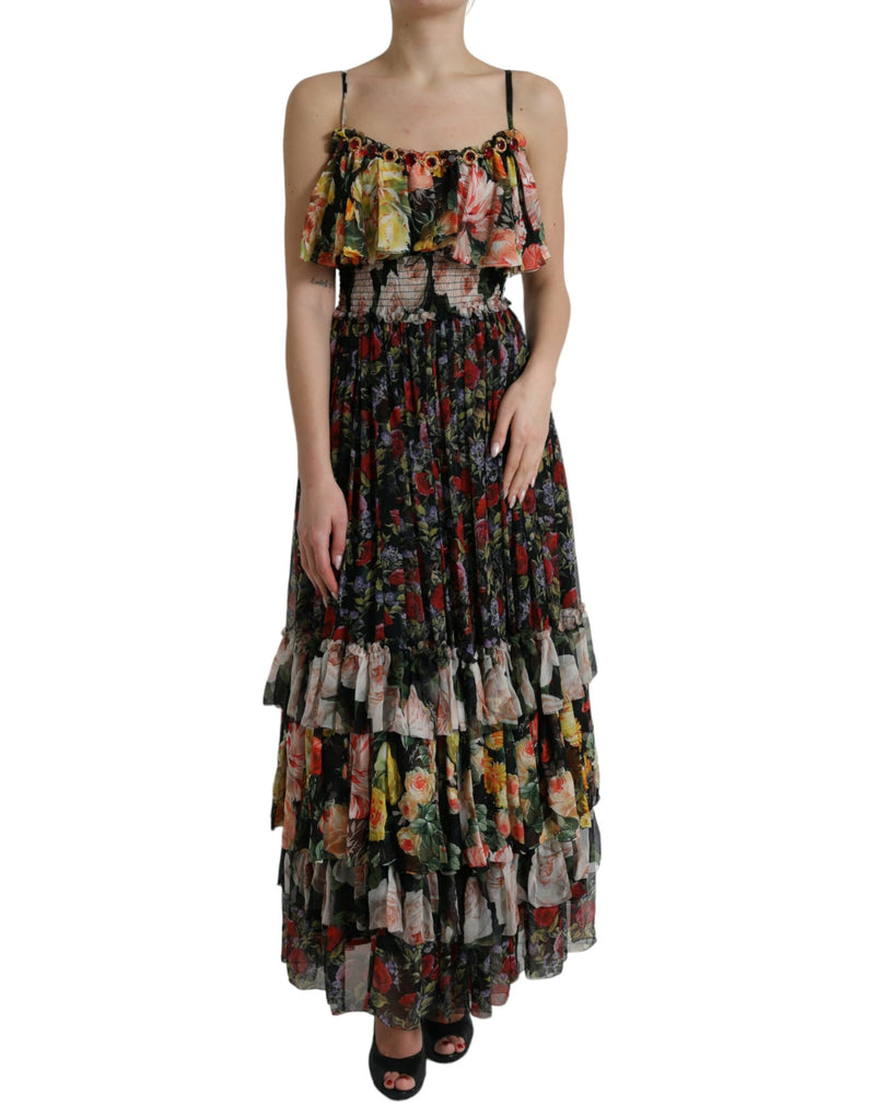 Vestido vibrante de seda floral maxi