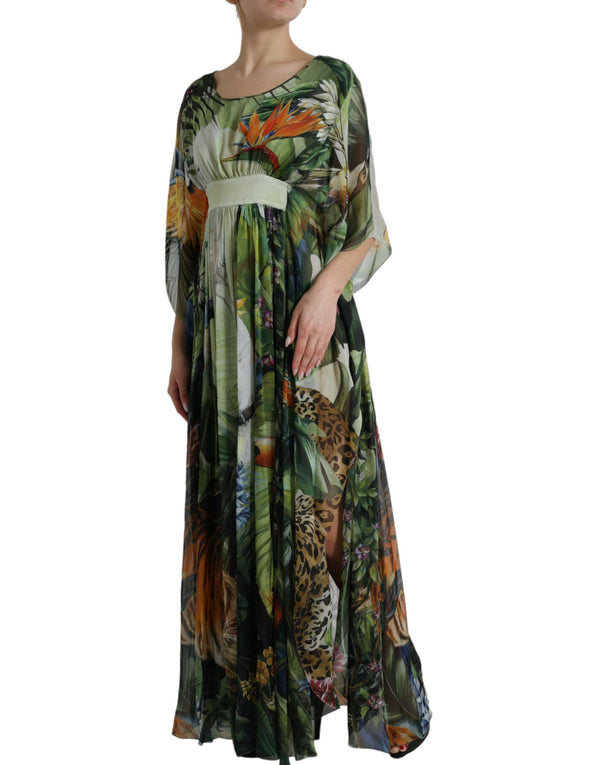 Elegantes Dschungeldruck Maxi Seidenkleid