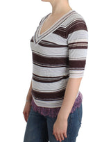 Striped V-Neck Knit Top with Lace Hem