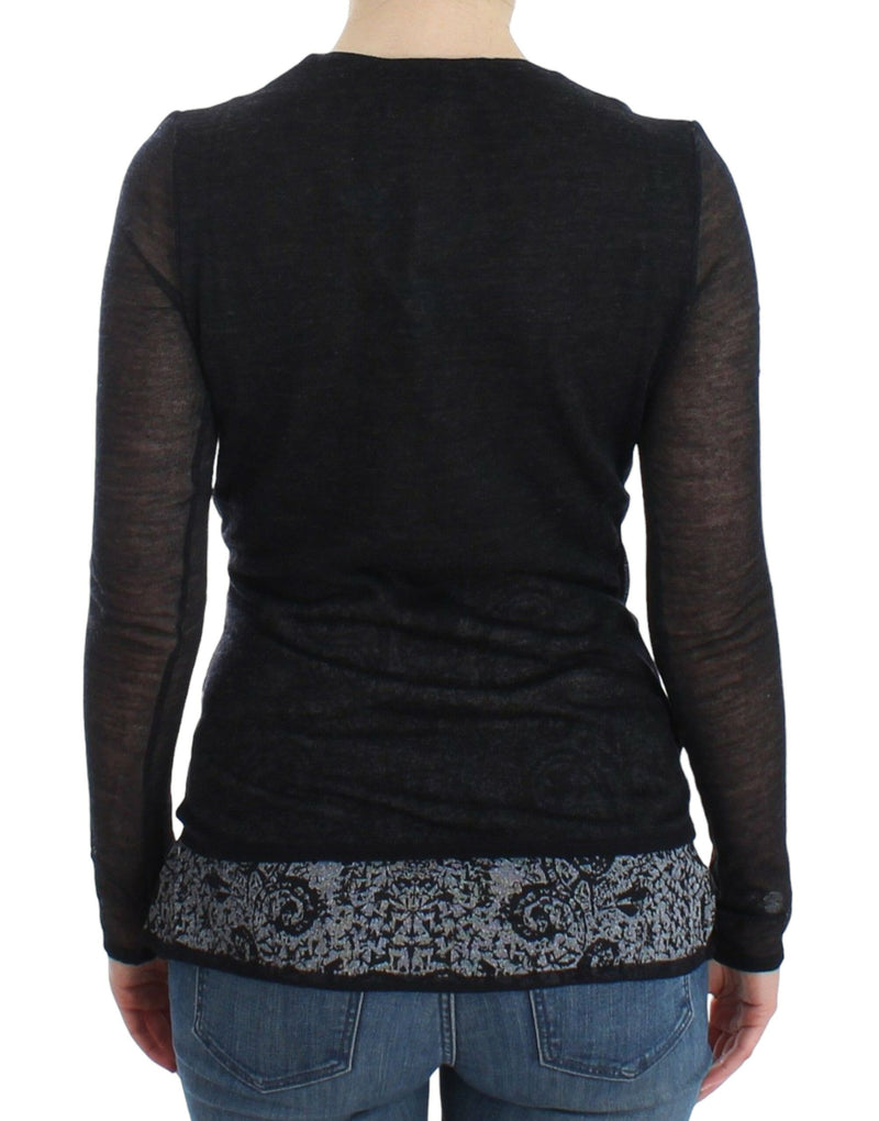 Deep V-neck Black Wool Blend Sweater