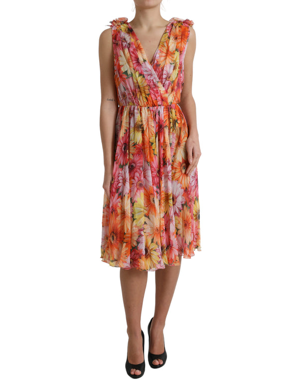 Κομψό floral silk midi φόρεμα με V-neck