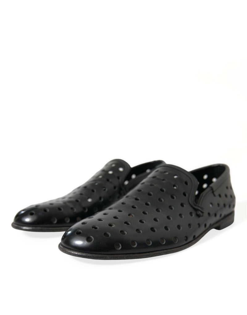 Elegant Black Leather Perforated Loafers