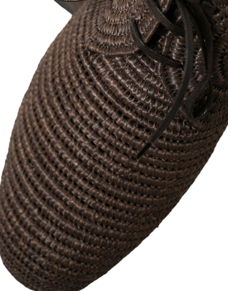 Elegant Raffia Raffia Upper Derby Shoes - Lacet Up in Brown