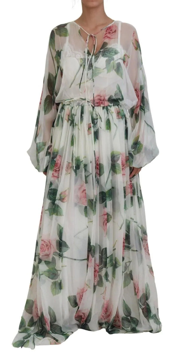 Elegant White Silk Maxi Dress with Pink Roses