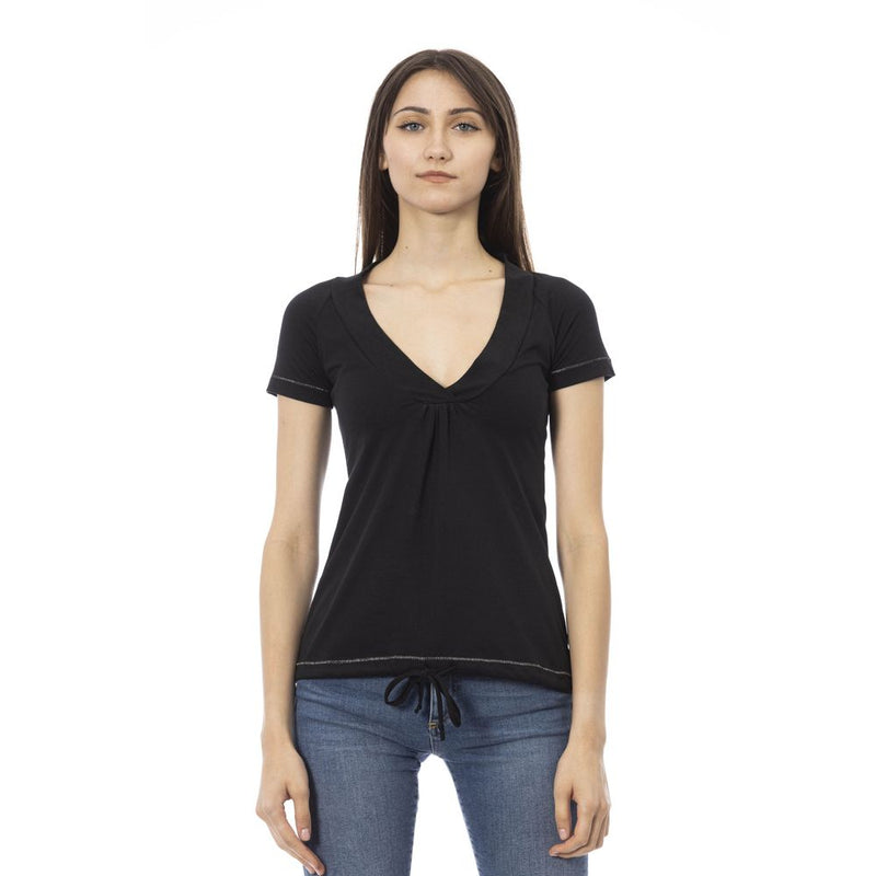 Chic Black Baumwoll -T -Shirt mit einzigartigem Frontdruck