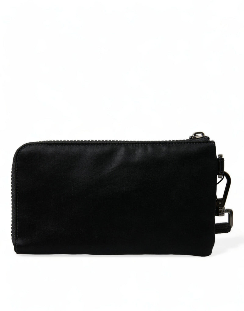 Élégant pochette en cuir en nylon noir avec des détails en argent