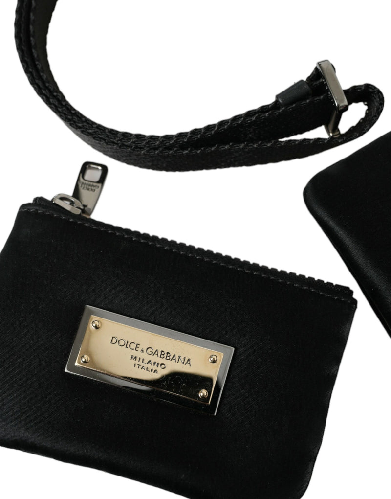 Élégant pochette en cuir en nylon noir avec des détails en argent