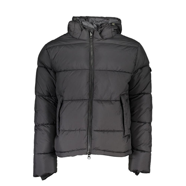 Umweltbewusste schwarze Jacke mit abnehmbarer Kapuze