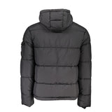 Umweltbewusste schwarze Jacke mit abnehmbarer Kapuze