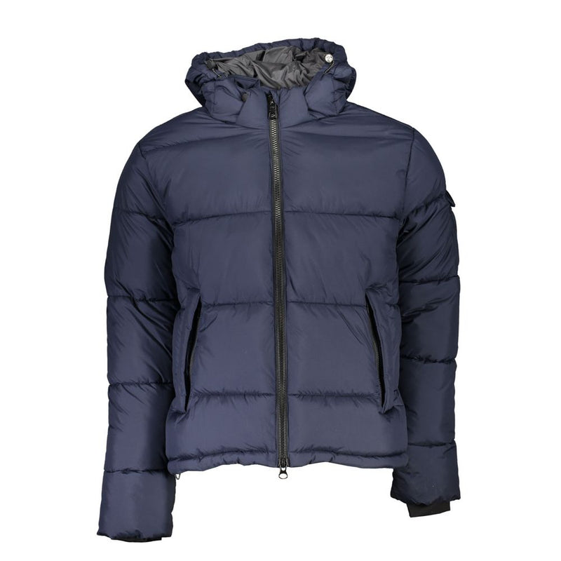 Umweltbewusste blaue Jacke mit abnehmbarer Kapuze