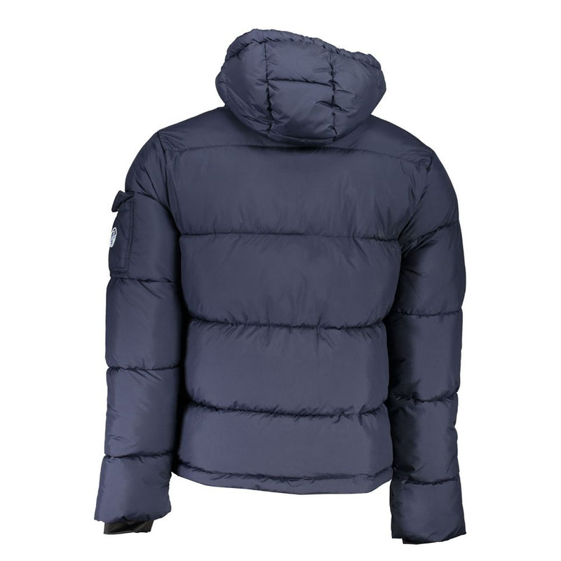 Umweltbewusste blaue Jacke mit abnehmbarer Kapuze