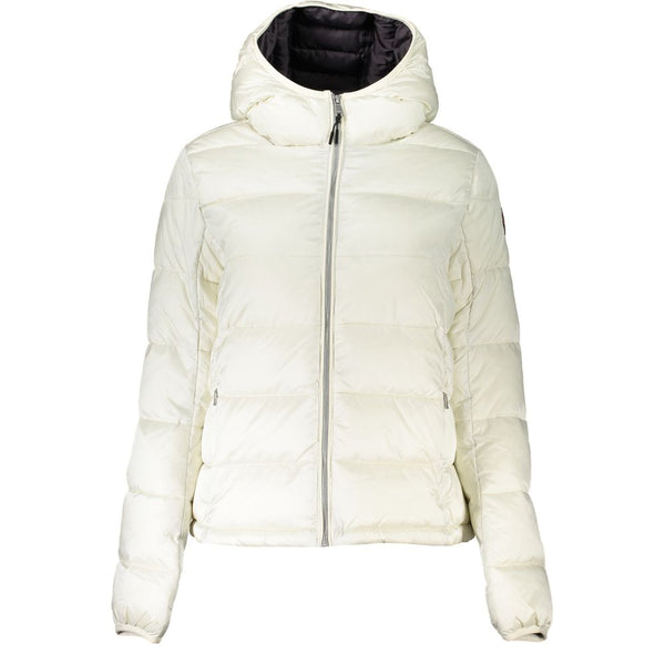 Elegante chaqueta ecológica blanca con capucha blanca