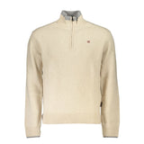 Maglione chic beige a mezzo zip con ricamo a contrasto