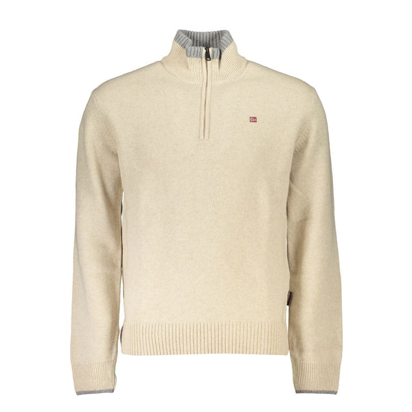 Suéter de medio zip beige elegante con bordado de contraste