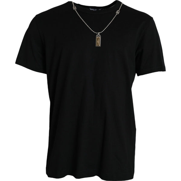 Elegant Black Cotton Crewneck Tee avec Dog Tag Detail