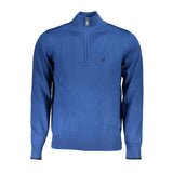 Elegante maglione blu a mezza zip con dettagli di ricamo