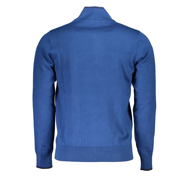 Elegante maglione blu a mezza zip con dettagli di ricamo