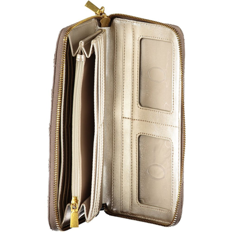 Elegante billetera zip beige con detalles elegantes