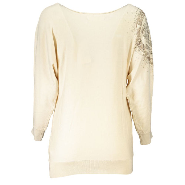 Pull à cou de l'équipage en strass beige