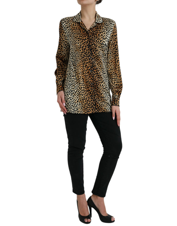 Elegante blusa de seda con estampado de animal marrón