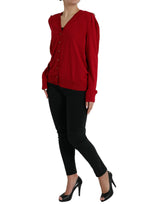 Elegante rote V-Ausck-Woll-Strickjacke mit V-Ausschnitt