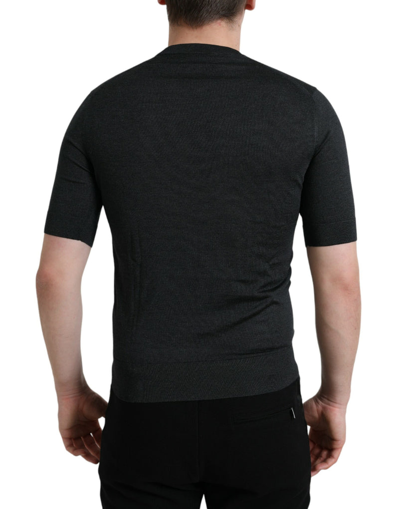 Elegante camiseta de cuello de la tripulación de seda en gris oscuro