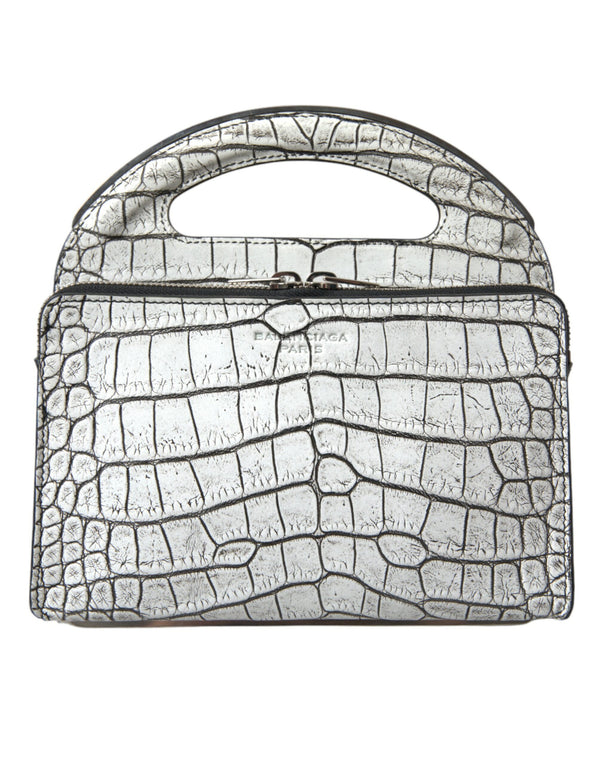 Metallic Silver Alligator Δερμάτινη μίνι τσάντα