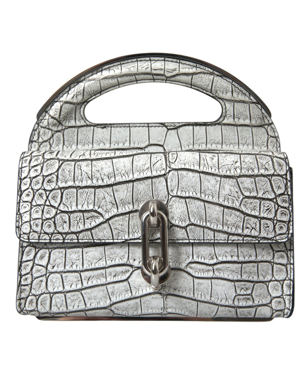 Metallic Silver Alligator Δερμάτινη μίνι τσάντα