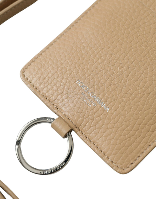 Beige Calf Leather Lanyard Logo Card Holder Wallet