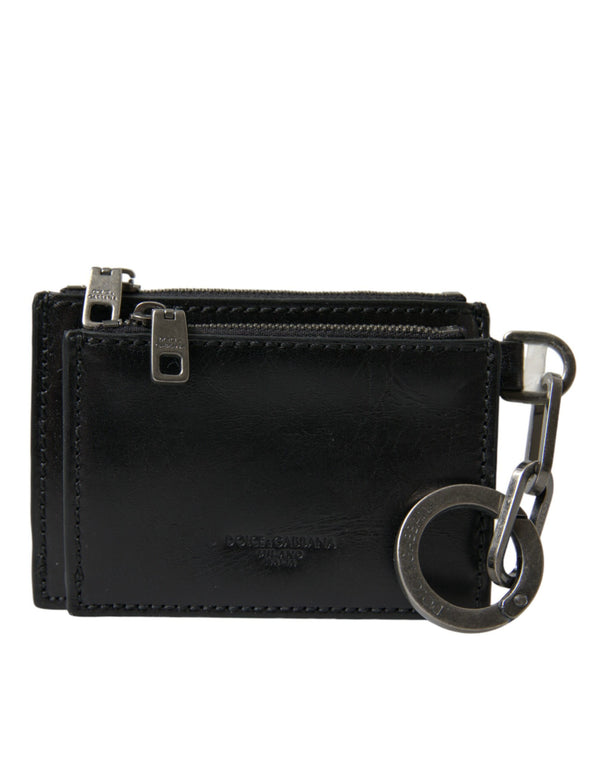 Black Leather Zip Logo Logo Keyring Coin Purse Purse Πορτοφόλι