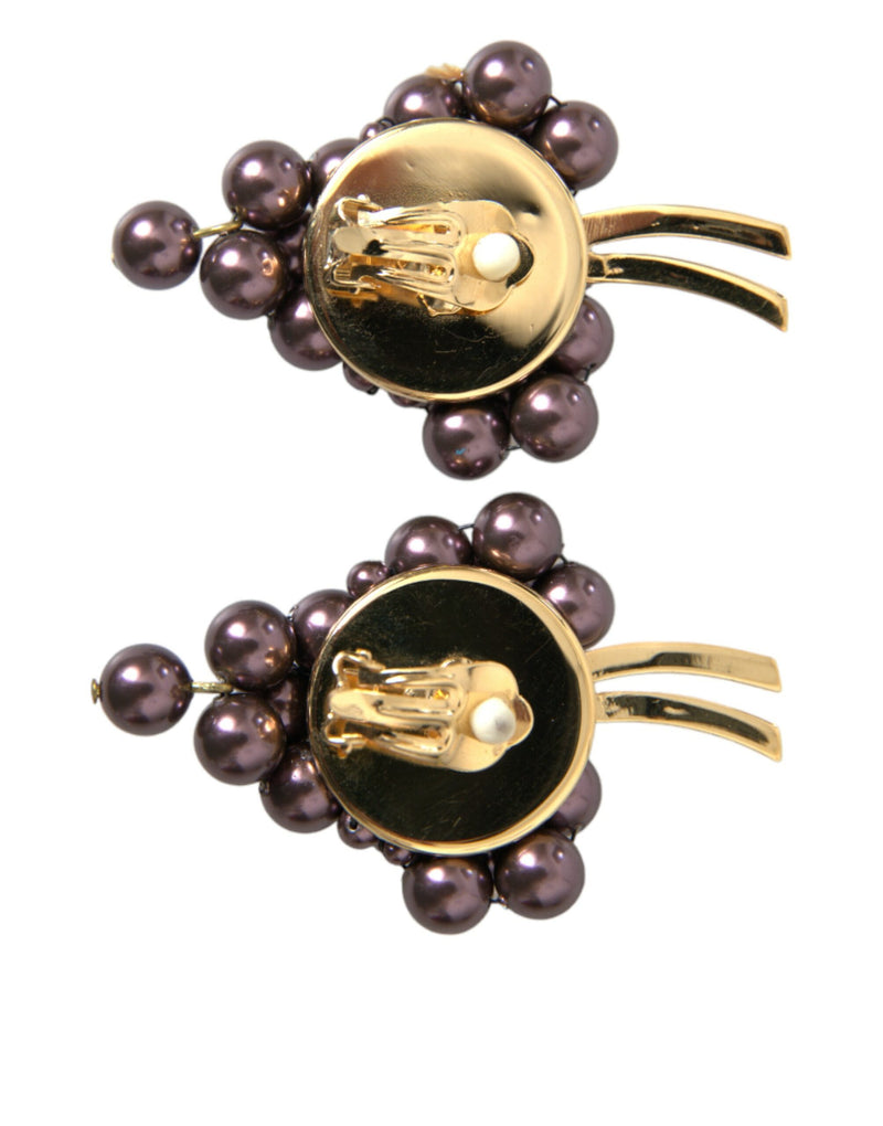 Μωβ Grape Pearl Sicily Gold Brass Floral Clip στα σκουλαρίκια