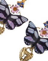 Boucles d'oreilles de médaillon à cœur de papillon en cristal violet doré