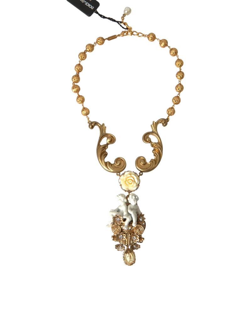 Collana abbellita in perline floreale di angelo in ottone d'oro