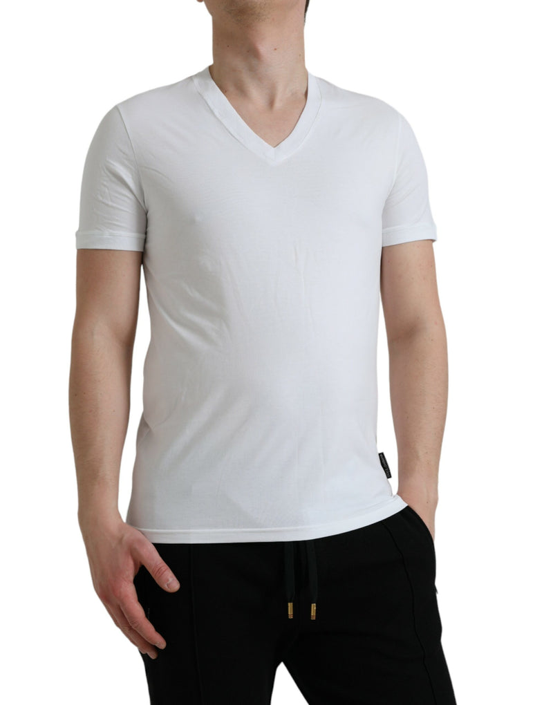 White Cotton V-Neck Short Sleeve Εσώρουχα T-Shirt