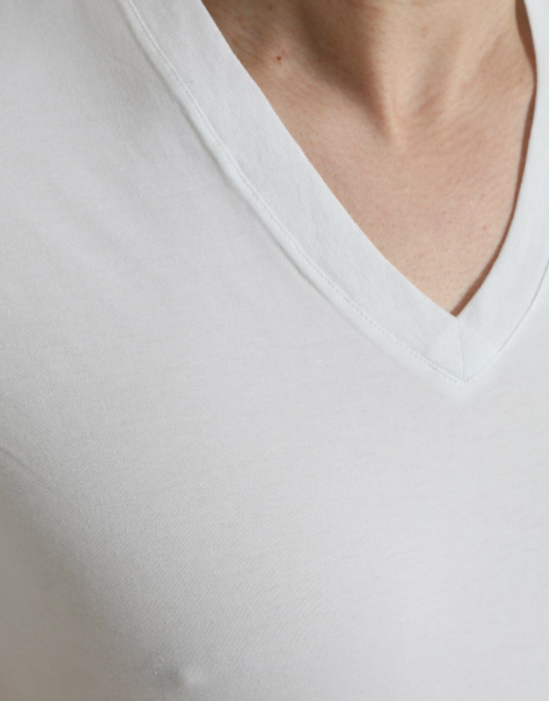 White Cotton V-Neck Short Sleeve Εσώρουχα T-Shirt