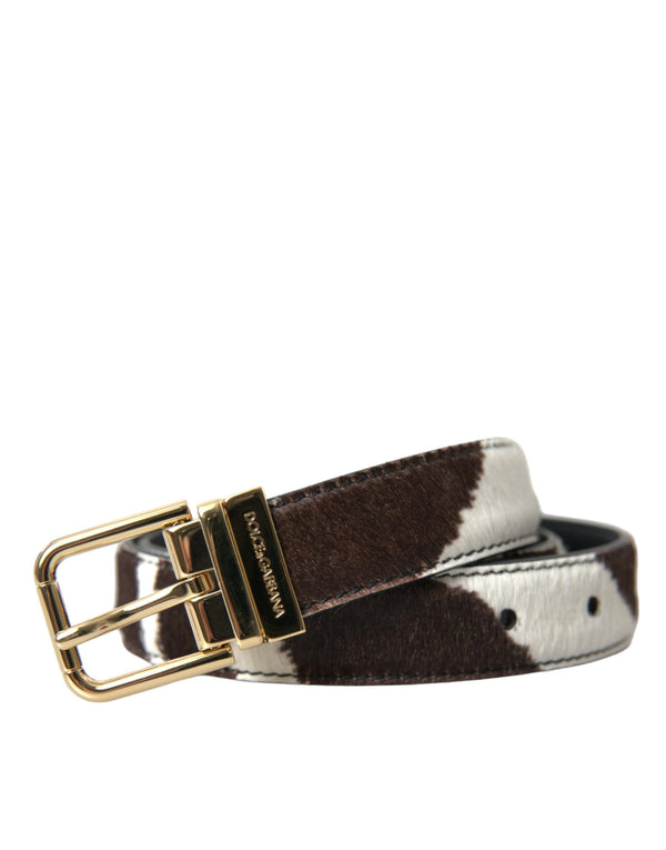 Brown White Zebra Pony Hair Gold Buckle Belt