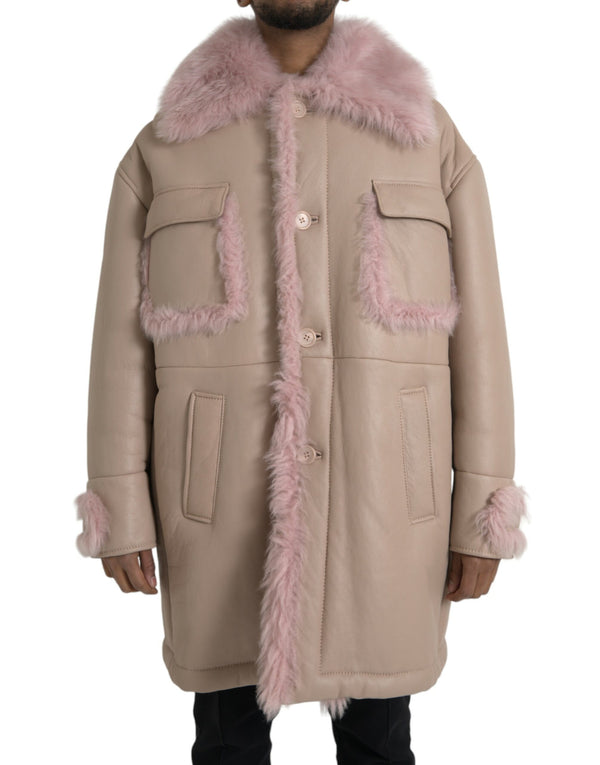 Beige rosa Lammleder -Leder -Schearling -Manteljacke