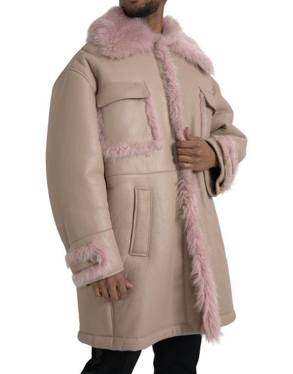 Beige rosa Lammleder -Leder -Schearling -Manteljacke