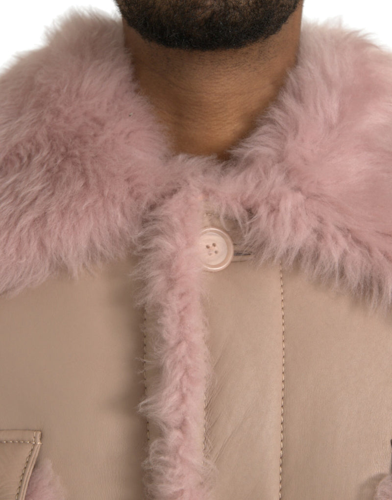 Veste de manteau de shearling en cuir d'agneau rose beige