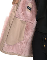 Veste de manteau de shearling en cuir d'agneau rose beige